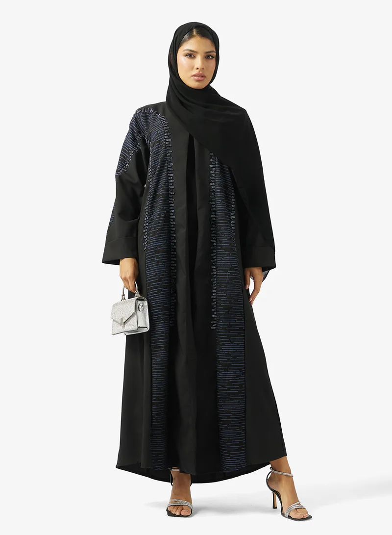 Floral Embroidered And Embellished Open Front Round Neck Abaya